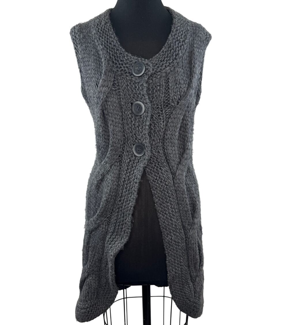 VTG Berretti Italy Gray Long Sweater Vest Wool Cable Chunky Knit Button Small S